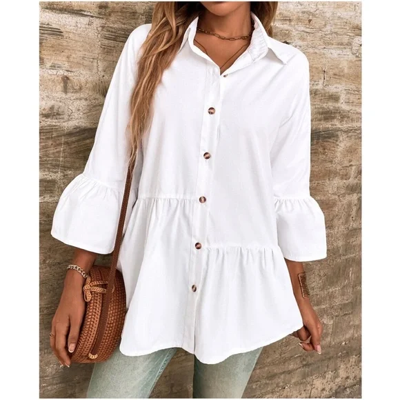 Boho Button Down Ruffle Sleeve Oversized Shirt - Picture 4 of 5